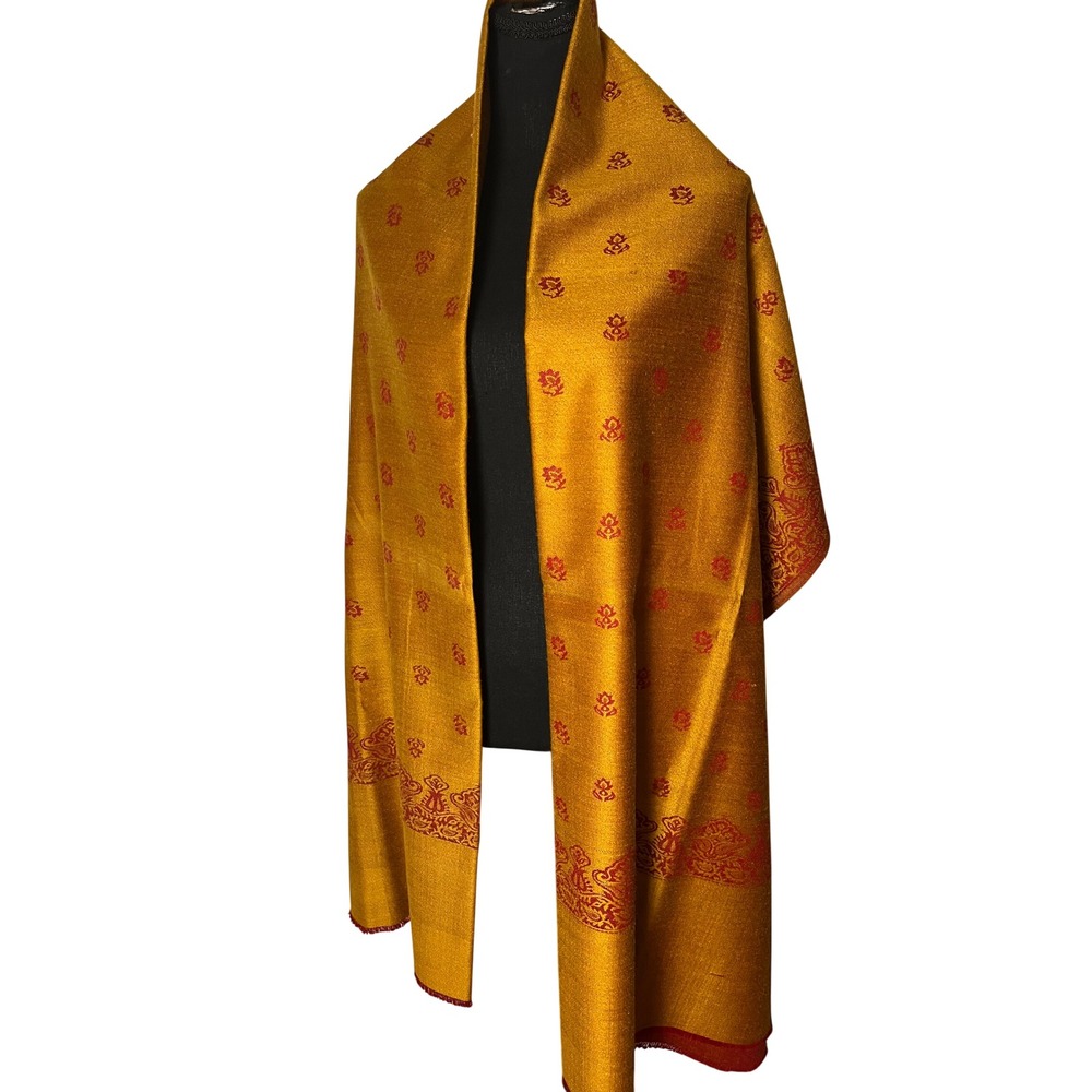 100% Wool Shawl Oswal Paisley Mustard Yellow Maroon Red Wrap Floral Paisley Vtg